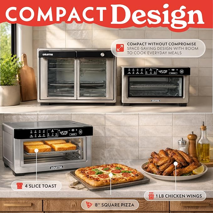 Gourmia Toaster Oven Digital Air Fryer - Convection Mode with 4 Slice Capacity, 3 Rack Positions, 12 Presets, Toast, Bagel, Bake, Roast, Broil, Dehydrate, Popcorn, Fits 9" Pizza, Stainless Steel