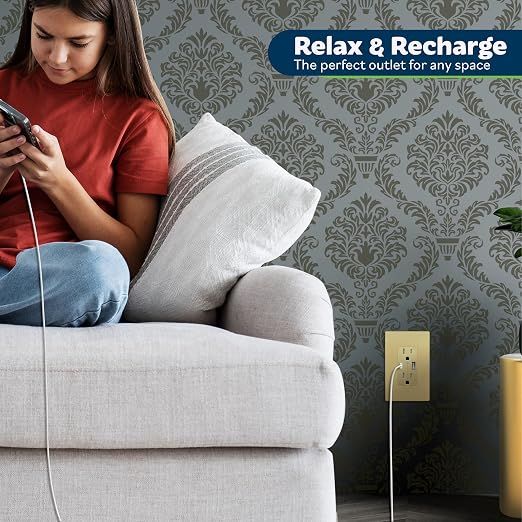 TOPGREENER USB Outlet, 4.2A Type C & Type A Wall Outlet, 15 Amp Tamper Resistant Receptacle Plug, Screwless Wall Plate Included, UL Listed, TU21536AC-GDWSI-2PCS, Gold, 2 Pack