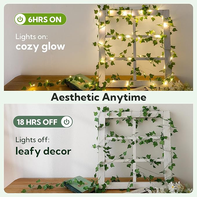 HEYFUNi Fake Ivy Vines with Lights, 23 Ft 73 Led Artificial Greenery Garland with Fairy Lights USB/Battery Operated, Leaf String Lights for Bedroom Aesthetic, Wall, Balcony, Wedding Decor, Warm White