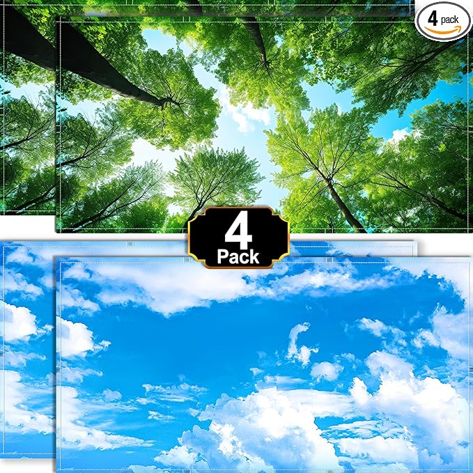 Aheroi 4-Pack Fluorescent Magnetic Light Covers - Mix Light Filters for Classroom Ceiling Lights (Forest & Blue Sky)