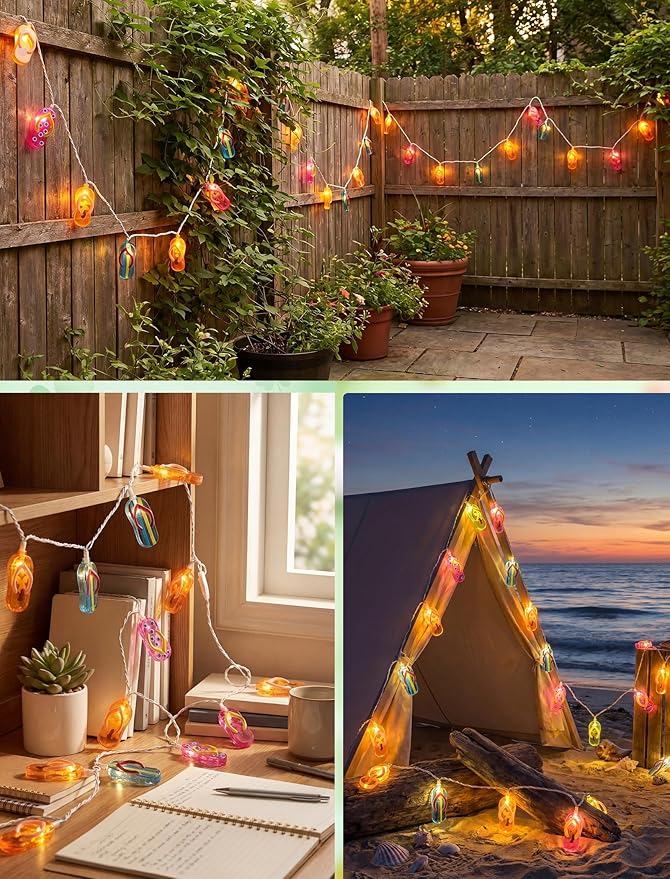 Summer Beach Flip Flop String Lights Plug in, 8.5FT Outdoor Hawaiian Tropical Themed Decoration Lights with 10 LED Multicolor Beach Slipper Lights for Patio Party Birthday Home Window Tent Home Decor