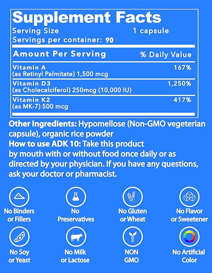 ADK 10 Supplement (180 Count) - Physician Formulated Vitamins A1, D3 & K2 (as MK7) for Bone Health - Immune System Support - Gluten Free, Soy Free, Non-GMO - 90 Capsules