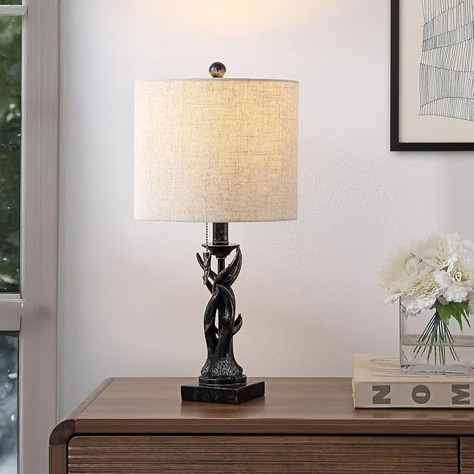 JONATHAN Y 20.5" Antique Black Rustic Antler Table Lamp for Bedroom Farmhouse Decor, Mini Faux Antler Desk Lamp with Gray Linen Shade, Lodge Cabin Nightstand Lamp, LED Bulb (JYL1031B)