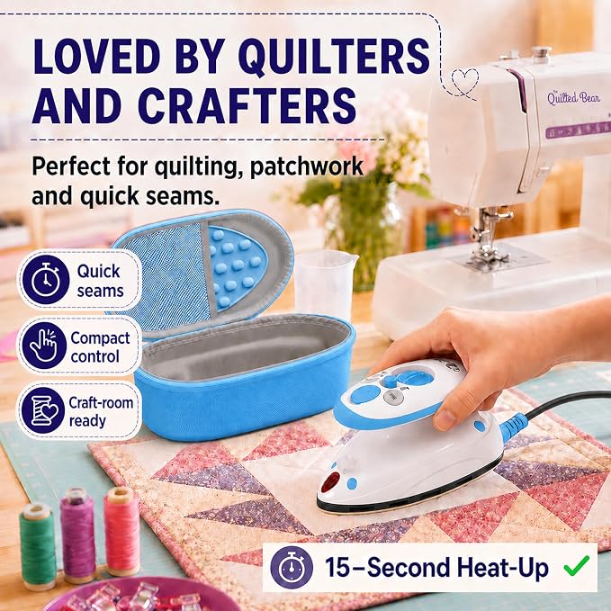 The Quilted Bear Premium Mini Steam Iron - Lightweight Mini Travel Iron for Effortless Quilting & Wrinkle-Free Clothes with Carry Case & Iron Rest Set - Travel Steamer for Clothes & Crafts (Blue)