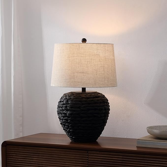 JONATHAN Y 24.5" Black Water Hyacinth Farmhouse Basket Table Lamp, Coastal Decor for Living Room Bedroom Nightstand, Light Gray Linen Shade, LED Bulb Included (JYL6501D)