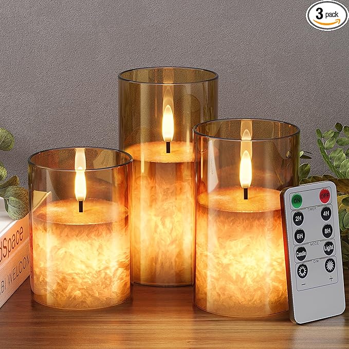 VIODAIM Ice Crystal Real Wax Glass Flameless Candles with Remote & Timer, Battery Operated Candles with Warm Flickering Flame, Realistic LED Candle for Wedding Home Decor [D3×H4/5"/6"] Gold, 3Pack