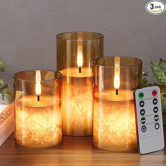 VIODAIM Ice Crystal Real Wax Glass Flameless Candles with Remote & Timer, Battery Operated Candles with Warm Flickering Flame, Realistic LED Candle for Wedding Home Decor [D3×H4/5"/6"] Gold, 3Pack