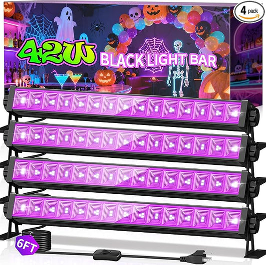 THECHAM 4 Pack 42W LED Black Light Bar, Blacklight Flood Light with 6ft Cord+Plug+Switch, Light Up 24x24ftx4 Area, for Halloween Glow Fluorescent Party Bedroom Game Room Body Paint Stage
