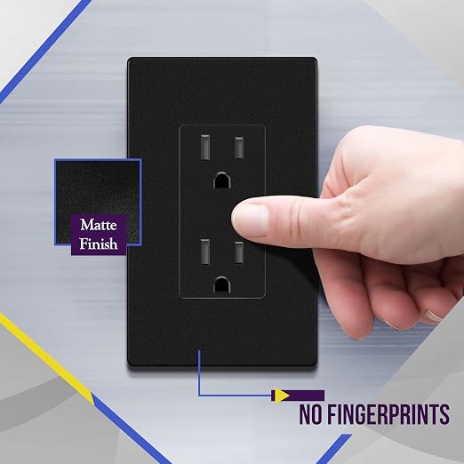 ENERLITES 10 Pack Matte Black Decorator Receptacle, Standard Electrical Wall Outlet, 15A 125V, Self-Grounding, 2-Pole, 3-Wire, 5-15R, UL Listed, 61502-TR-MBK, Tamper Resistant