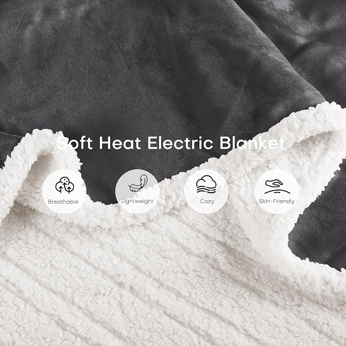 Electric Heated Blanket Throw Size 50"x60" – ETL Certified for Safe Overnight, 4 Heat Settings & 3H Auto Off, Dual-Sided Microplush Sherpa for Home Theater Night, Machine Washable – Iron Gray