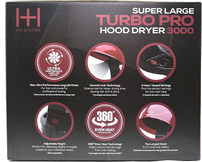 Annie Hot & Hotter Large Ceramic Ionic Hood Dryer – Professional Salon Hair Dryer with Adjustable Height, 3 Heat & Speed Settings, Portable Hooded Dryer for Rollers, Deep Conditioning & Styling