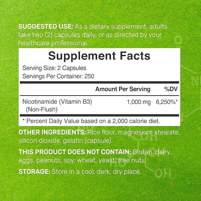 Vitamine B3 Niacinamide 1 000 mg par dose – 500 gélules, Niacine sans rougeurs, B3 essentielle – Soutient la santé de la peau et la production d'énergie – Sans OGM