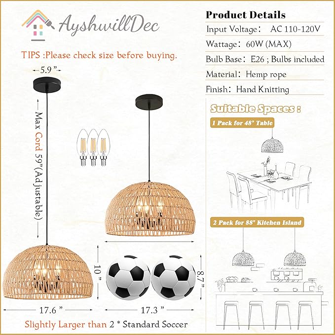 17.6 inch Hemp Rope Woven Pendant Light Wicker Pendant Light 3-light Rattan Light Fixture Boho Chandelier Farmhouse Chandelier Dome Pendants Light for Dining Room Bedroom Kitchen(Bulb Incl