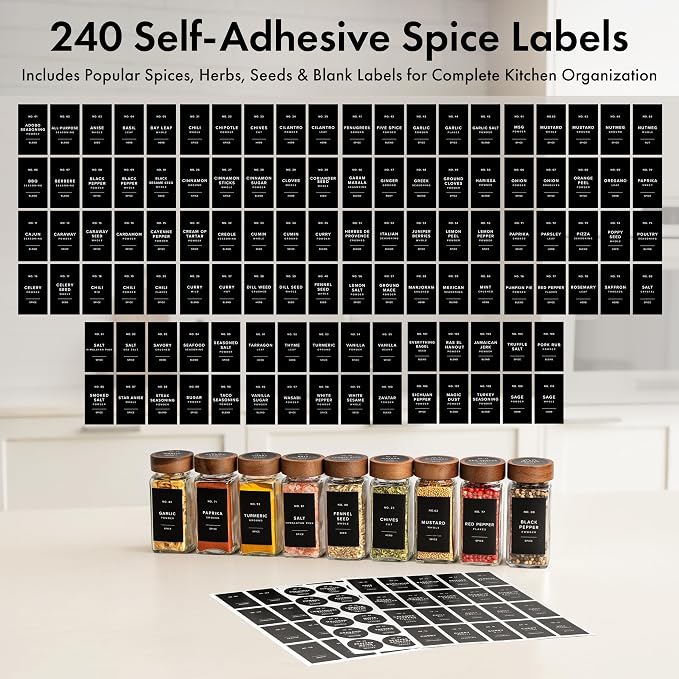 EDELHAUS Square Spice Jars with Acacia Wooden Lid (Pack of 36) Spice Jars with Shaker Insert and 240 White Labels - Acacia Lid Glass Container for Spice Organisation [4.3 in × 1.8 in]
