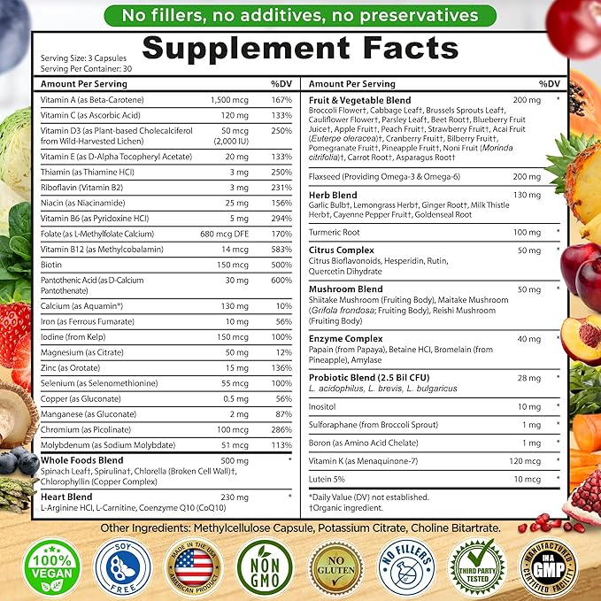 Multivitamines quotidiennes végétaliennes complètes avec fer, multivitamines méthylées pour femmes et hommes, à base de fruits et légumes, complexe de vitamines B, probiotiques, enzymes, CoQ10, oméga, curcuma, sans OGM, 90 capsules