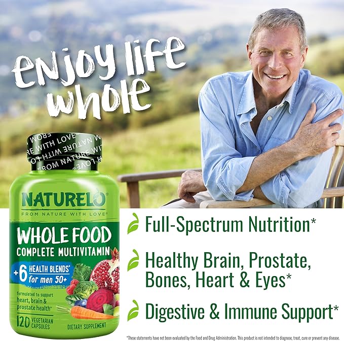 NATURELO Whole Food Multivitamin for Men 50+ - with Vitamins, Minerals, Organic Herbal Extracts - Vegan Vegetarian - for Energy, Brain, Heart and Eye Health - 120 Capsules