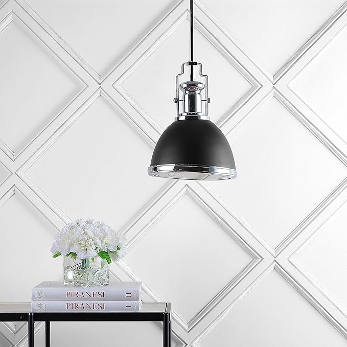 JONATHAN Y 10" Black/Chrome Modern Industrial Iron LED Dome Pendant Light, Adjustable Hanging Fixture for Kitchen Island or Entryway, Black Metal Shade, LED Bulb Included (JYL9535B)