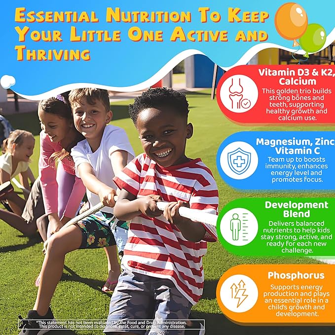 Gummies Vitamine D3 K2 pour enfants + Calcium, Magnésium, Zinc, Phosphore, Vitamine C, Complément alimentaire multivitaminé D3 et K2 pour la santé osseuse, l'absorption du calcium, la concentration et l'immunité, Sans OGM, Sans sucre, Lot de 2
