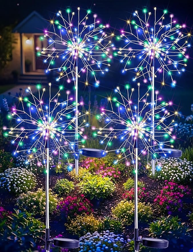 suddus Solar Garden Lights Outdoor Waterproof Decorative, 4Pack 150LED Multicolor Firework Lights 8 Modes, Solar Fairy Lights for Yard, Patio, Pathway, Balcony Planter Flowerbed Party Outside Decor