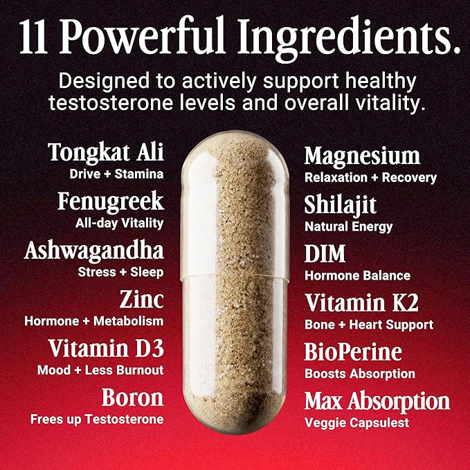 Testosterone Booster for Men - Drive, Energy & Muscle Support - 11-in-1 Formula, Tongkat Ali, KSM-66 Ashwagandha, Fenugreek, Boron, DIM - 120 Max Absorption Capsules, Made in USA