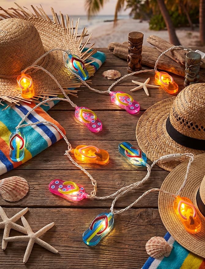 Summer Beach Flip Flop String Lights Plug in, 8.5FT Outdoor Hawaiian Tropical Themed Decoration Lights with 10 LED Multicolor Beach Slipper Lights for Patio Party Birthday Home Window Tent Home Decor