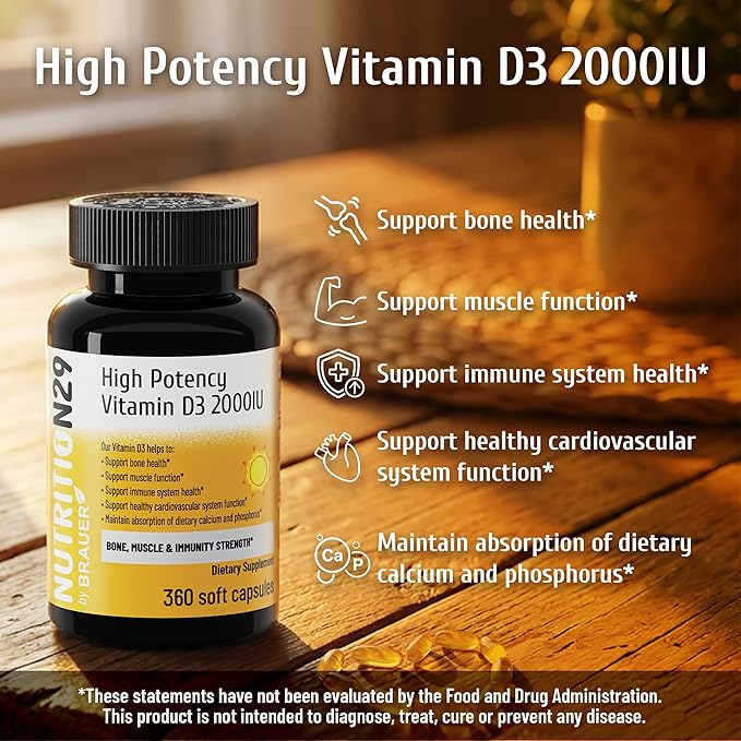 Vitamine D3 2000 UI (50 mcg) avec Vitamine D3 Provitas® de qualité USP, huile d'olive double et TCM pour une meilleure absorption, soutien des os, des muscles et du système immunitaire, sans OGM, approvisionnement de 360 jours