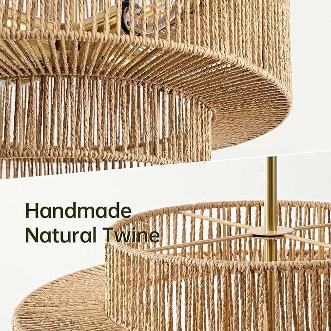 4-Light Boho Rattan Chandelier for Dining Room, 17.7” Hand Woven Farmhouse Pendant Light Fixture, Coastal Wicker Hanging Ceiling Light for Kitchen Island Living Room Bedroom Entryway Foyer