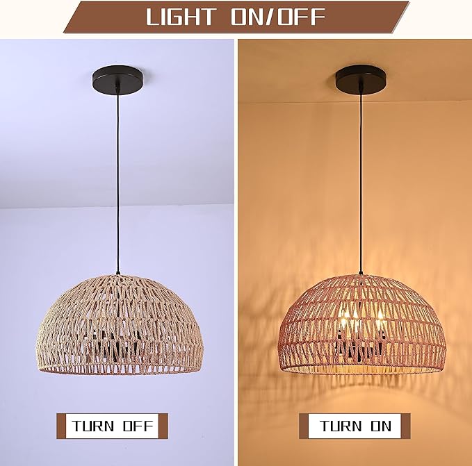 17.6 inch Hemp Rope Woven Pendant Light Wicker Pendant Light 3-light Rattan Light Fixture Boho Chandelier Farmhouse Chandelier Dome Pendants Light for Dining Room Bedroom Kitchen(Bulb Incl