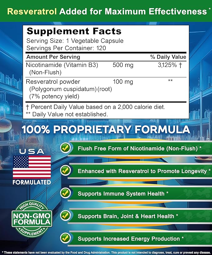aSquared Nutrition ニコチンアミド レスベラトロール配合 - 120植物性カプセル - ビタミンB3 500mg（ナイアシンアミド フラッシュフリー） - NAD、皮膚細胞の健康、エネルギーをサポートするサプリメントピル