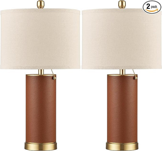 KDG 23.4" Brown PU Leather Table Lamps for Living Room Set of 2, E26 Socket LED Modern Home Decor Fabric Lampshade Desk Lamp Lighitng for Bedroom, Bedside, Farmhouse, Nightstand, Night Light