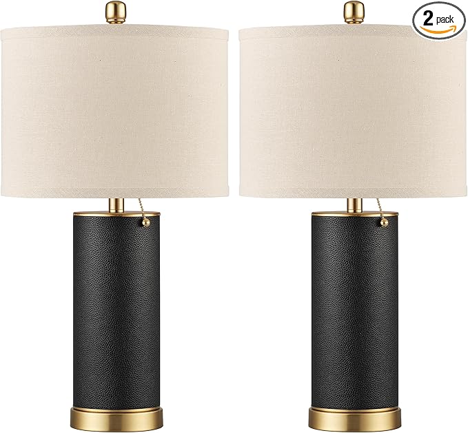 KDG 23.4" Black PU Leather Table Lamps for Living Room Set of 2, E26 Socket LED Modern Home Decor Fabric Lampshade Desk Lamp Lighitng for Bedroom, Bedside, Farmhouse, Nightstand, Night Light