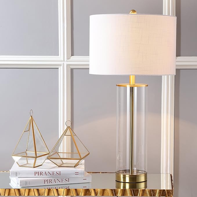 JONATHAN Y 29.25" Clear/Brass Gold Modern Glass Table Lamp for Living Room Bedroom, Minimalist Nightstand Bedside Lamp, White Linen Drum Shade, LED Bulb Included (JYL2005A)