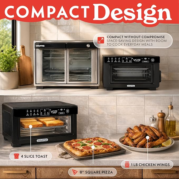 Gourmia Toaster Oven Digital Air Fryer - Convection Mode with 4 Slice Capacity, 3 Rack Positions, 12 Presets, Toast, Bagel, Bake, Roast, Broil, Dehydrate, Popcorn, Fits 9" Pizza, Black