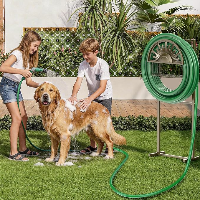 GOFORWILD Garden Hose Reel Winding Reel- Freestanding Water Hose Stand with Storage Basket, Holds 150ft of 5/8 Hose for Outside Patio Yard Lawn with 2 Hooks