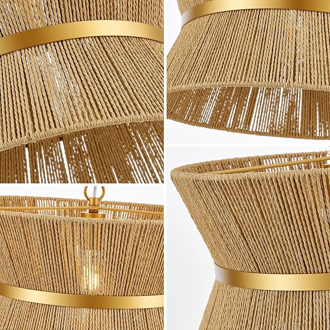 18” Hand Woven Rattan Boho Chandelier Brass Ajustable Pendant Light for Kitchen Island Living Room Bedroom Hallway, UL Listed