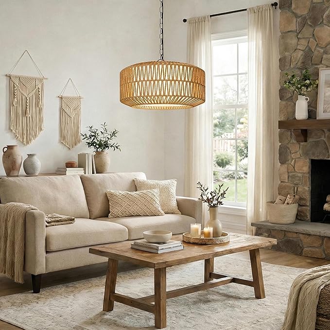 9"-52" Height Adjustable Farmhouse Chandelier Light Fixture, 5-Light Rattan Boho Chandeliers for Dining Room, Hand Woven Pendant Light with Linen Shade, Rustic Hanging Lighting for Kitchen Island