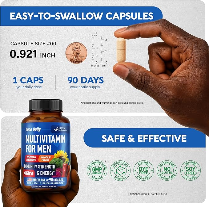 Multivitamin for Men - B-Complex | Whole Foods & Enzymes - Energy, Focus & Brain | Men's Health Complex - 46in1 Mens Multivitamin - Bioavailable & Gentle on Stomach - Made in USA - 90 Capsules, 1/Day