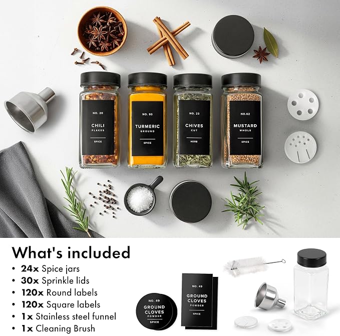 EDELHAUS Glass Spice Jars with Label and Black Lids (24 x 4oz) Spice Containers with 240 Labels, Shaker Inserts, Steel Funnel, Empty Square Seasoning Organizer for Spice Rack, Cabinet, Drawer