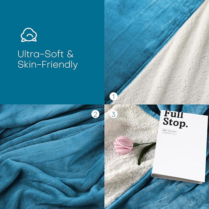 Electric Heated Blanket 62"x84" Twin Size, Dual-Sided Flannel & Sherpa, 6 Heat Settings & 1-10H Auto Off, Soft Warm for Home Office Bed Couch, Machine Washable, ETL Certified, Tile Blue