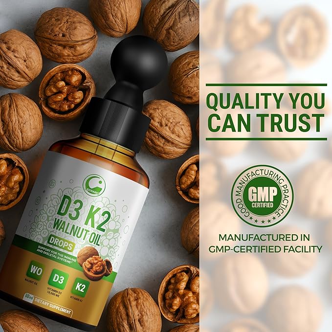 Liquid Vitamin D3 K2 Drops 10000 IU with Walnut Oil – High Potency Liquid Vitamin D3 with Vitamin K2 (MK7) 200 mcg | D3 K2 Supplement for Men & Women | Bones, Muscles & Immune Support | Non-GMO