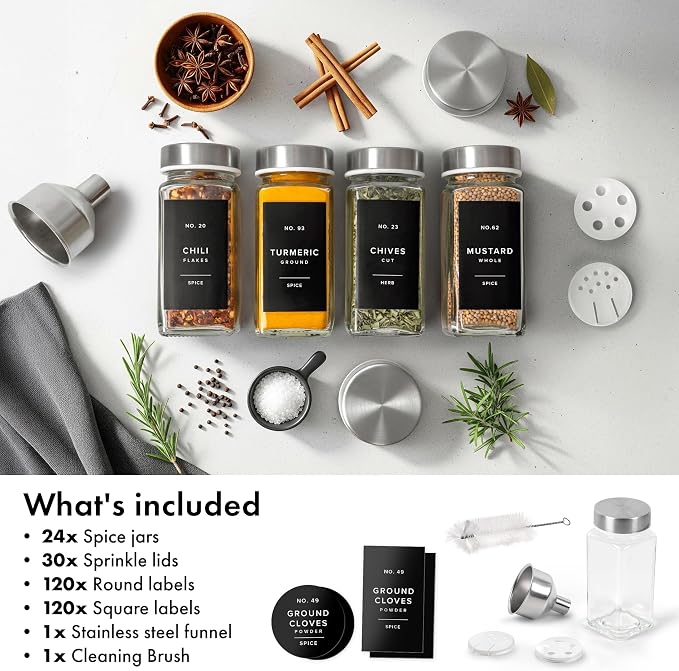 EDELHAUS Glass Spice Jars with Label and Stainless Steel Lids (24 x 4oz) Spice Containers with 240 Labels, Shaker Inserts, Steel Funnel, Empty Square Seasoning Organizer for Spice Rack Cabinet Drawer