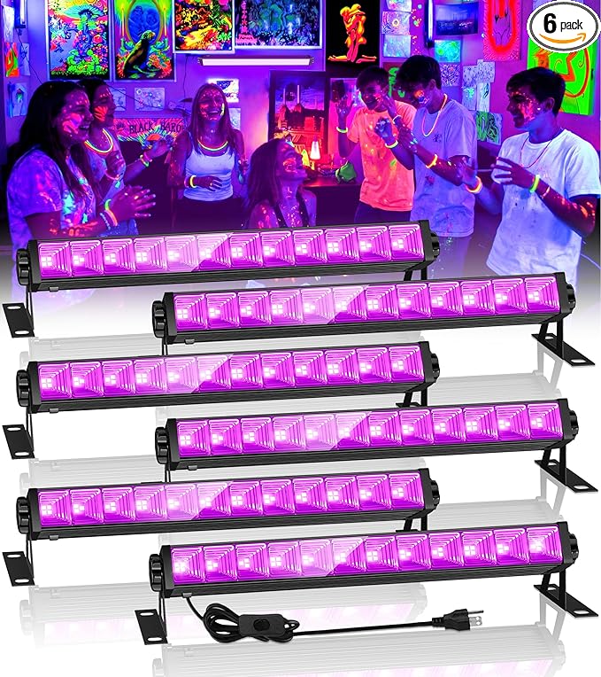 42W 6 Pack LED Black Light Bar, Blacklight Light Up to Lagre Area with 6ft Cable+Switch+Plug, Glow Party Light Supply for Halloween, Fluorescent Poster, Body Paint, Birthday,Classroom, Bedroom