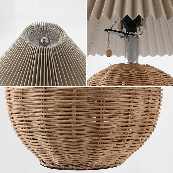 JONATHAN Y 17.25" Natural/Chrome/Dark Beige Sphere Table Lamp, Mid-Century Bedside Nightstand with Beige Pleated Linen Shade, Scandinavian Coastal Style, LED Bulb Included (JYL1145C)