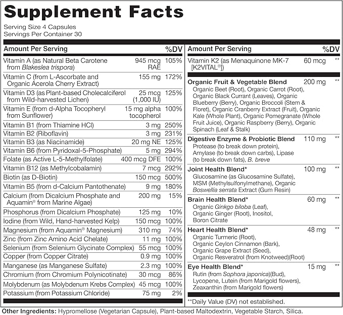 Multivitamines alimentaires complètes NATURELO pour femmes de 50 ans et plus (sans fer) avec vitamines, minéraux et extraits biologiques – Supplément pour femmes ménopausées de plus de 50 ans – Sans OGM – 120 gélules végétaliennes