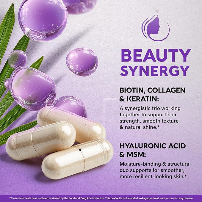 Biotin | Collagen | Hyaluronic Acid | Keratin - Support Normal Hair Growth Cycle, Skin & Nails - Clinically Tested - 25000mcg Vitamins B1, B2, B3, B6 & B7 - for Women & Men - Made in USA, 180 Capsules