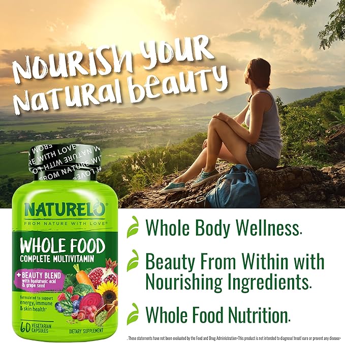 NATURELO Multivitamine Aliment Complet avec Soutien Supplémentaire Cheveux, Peau et Ongles - Mélange Beauté avec Acide Hyaluronique et Pépins de Raisin - Biotine, Vitamine C et Glutathion Haute Puissance - 60 Gélules Végétaliennes