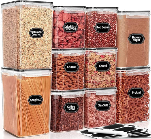 PRAKI 10 PCS Flour Sugar Storage Containers for Organizers and Storage | BPA Free, Airtight Food Storage Containers with Lids for Sugar, Flour, Baking Supplies, Versatile Kitchen Containers, Black
