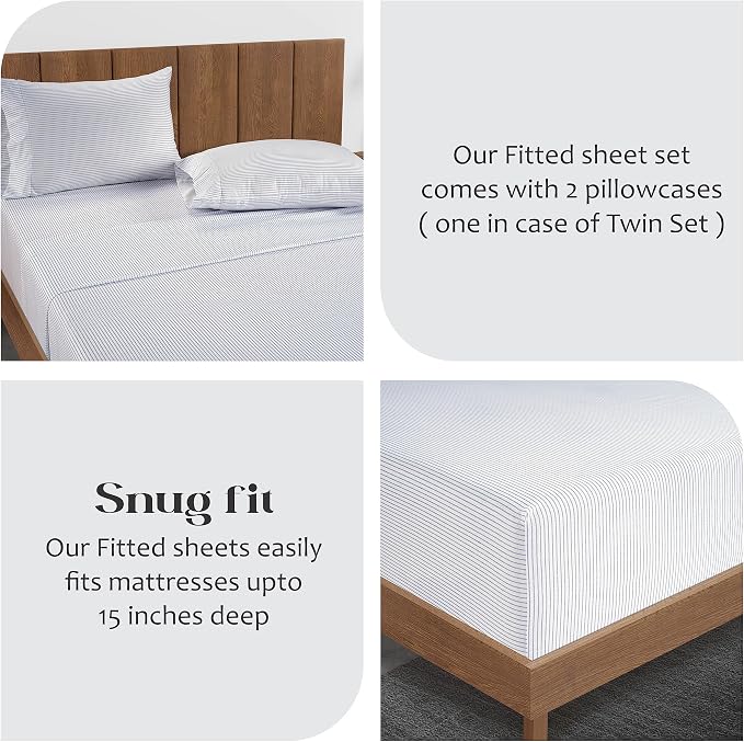 LANE LINEN Full Fitted Sheet, 100% Organic Cotton, 3-Piece Set (1 Fitted Sheet,2 Pillowcases), Percale Weave, Bed Bottom Sheet, Soft, Fits Mattress Upto 15" Deep -Ticking Stripe(No Flat Sheet)