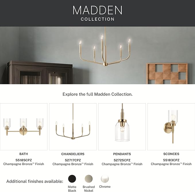 Kichler Madden 1-Light Bathroom Wall Sconce Light Fixture with Clear Glass in Champagne Bronze, Modern Vanity Lighting for Bathroom or Hallway (14.75" x 5"), 55183CPZ