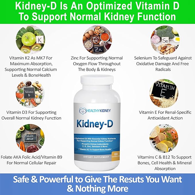Kidney-D Complément Rénal. Vitamine D Optimisée pour le Soutien Rénal. Vitamine D3 et 7 Vitamines et Nutriments Rénaux Conçus pour la Santé Rénale et Plus Encore